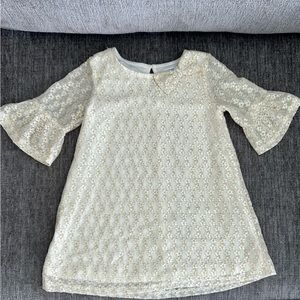 Crown & Ivy 2T Cream Dress with Gold Floral Lace Overlay, Bell Sleeves + Bow